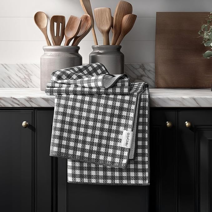 RECYCO Waffle Kitchen Towel Set of 2 - Quick Dry Microfiber Sustainable Dish Towels - Ultra Absorbent Reusable Cleaning Tea Towels - Lightweight Hand Towels,16”x 28”, Dove Gray Plaid