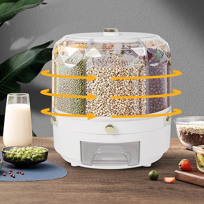360° Rotating Grain Dispenser With 6 Grids, 13.2lbs Large Capacity Grain Dispenser Rotating Kitchen Storage Containers With Sealed Lid For Peanut Barley Millet And Cereal (White,Gold, 13.2 lbs)