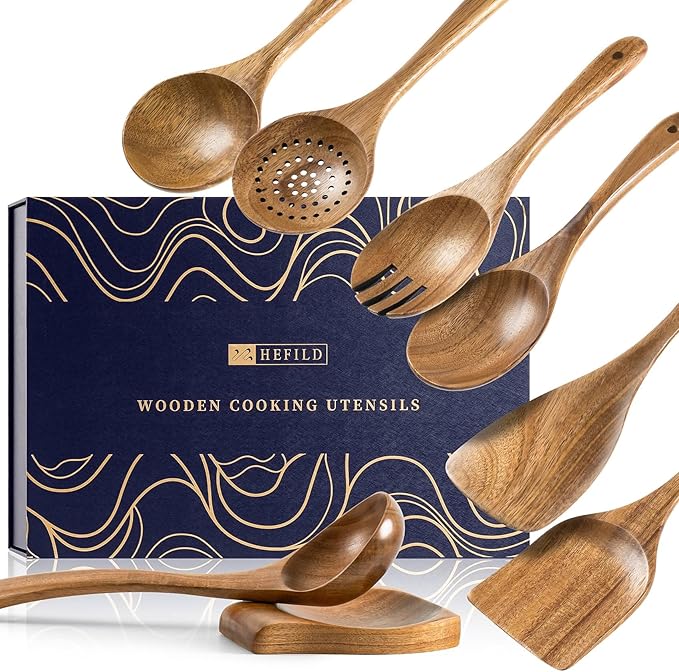 Wooden Spoons for Cooking, Nonstick Cooking Utensil Set with 7 Piece Acacia Wooden Spatulas and Spoons, as well as a Extra Whole Wood Spoon Rest, Terrific for Everyday Kitchen Tasks
