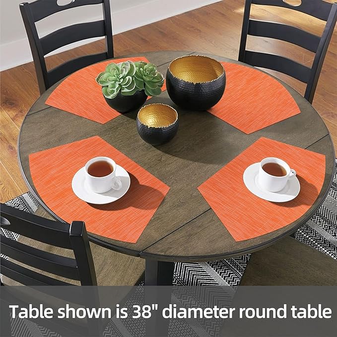 SHACOS Round Table Placemats Set of 4 Wedge Placemats Heat Resistant Woven Vinyl Table Mats for Round Table Wipe Clean (4, Orange)