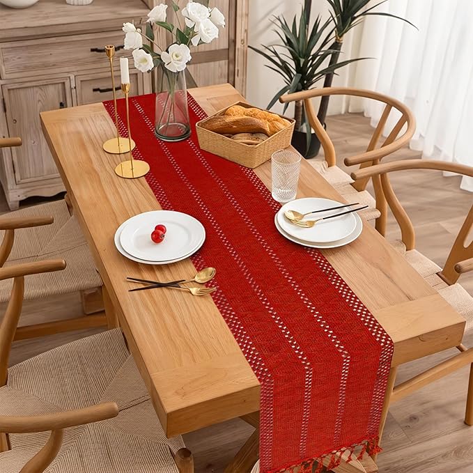 Niviy Christmas Table Runner for Red Tassel Home Decor 108 Inches Long, Winter Xmas Holiday Rustic Macrame Cotton Linen Woven Coffee Table Runners for Christmas Dining Table Decoration, Red