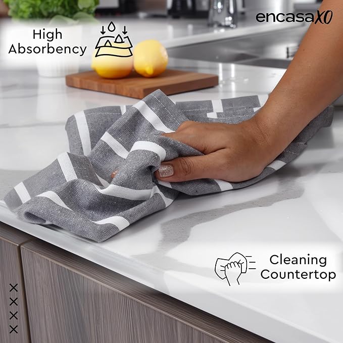 Encasa XO Cotton Kitchen Towel Set | Hand and Tea Cloth for Cleaning & Quick Drying, X-Large 28"x18" (Pack of 4) Highly Absorbent - Roma Grey Stripes
