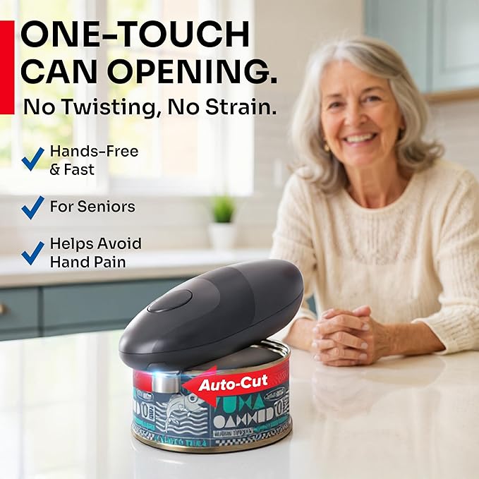 MUELLER HOME SmoothEdge Auto Electric Can Opener – Battery‑Operated One‑Touch w Magnet Lid Lifter, Smooth‑Edge Cut Technology – Portable Hands‑Free Automatic Can Opener for Seniors & Arthritis, Gray