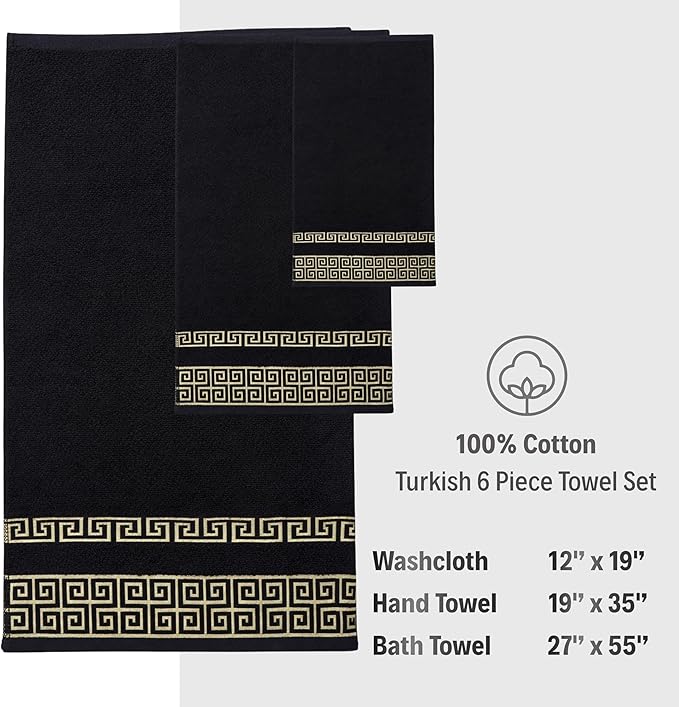 Premium Soft Cotton 6 Piece Towel Set with Greek Key Design – 2 Bath Towels 2 Hand Towels 2 Washcloths, Ultra Absorbent & Quick Dry Bathroom Towels, Turkish Towels for Bathroom, Black Towel Sets G01