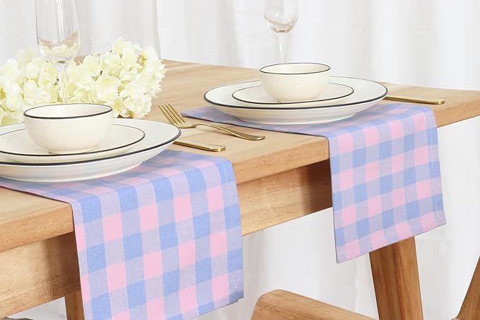 PurpleEssences Buffalo Plaid Cloth Napkins - Mitered Corners - Spring Easter Summer - Gingham Check Dinner Napkin - Set of 12-100% Cotton - 18x18 Inch - Reusable Washable - Light Blue and Blush Pink