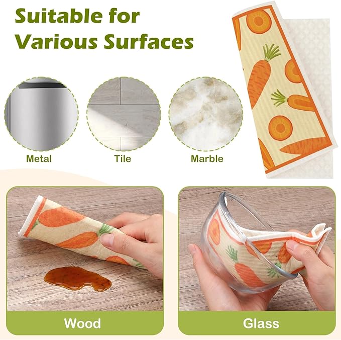 6 Packs Swedish Paper Cloths for Kitchen, Reusable Paper Towels Washable Dish Rags, Highly Absorbent Kitchen Towels Quick Drying Swedish Sponge Cleaning Dish Cloths (Vegetables)