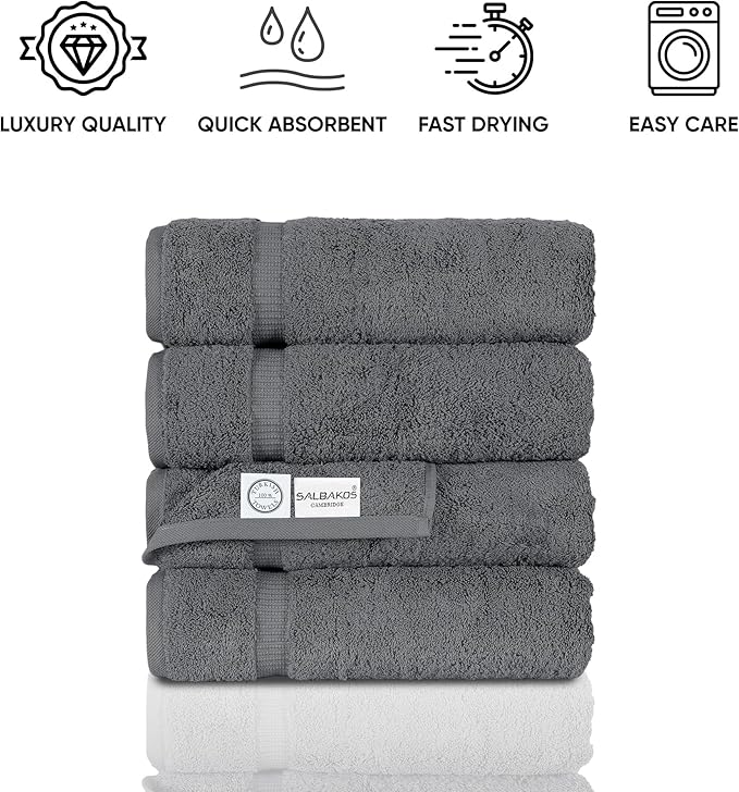 SALBAKOS 100% Turkish Cotton Bath Towels | 4 Piece Turkish Bath Towels Gray 27x54 Standard Size | Premium Hotel Quality, Super Absorbent, Thick, Plush Turkish Towel - Made in Turkey (Gray Pack of 4)