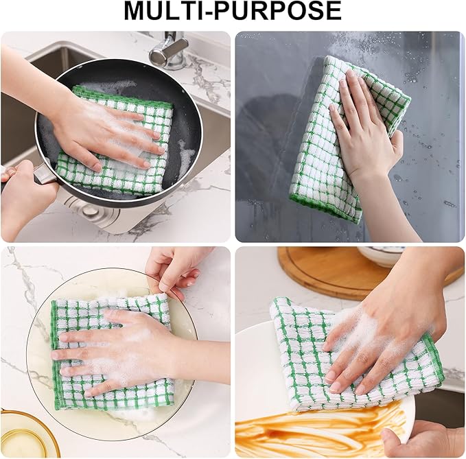 Kitinjoy Cotton 12 Pack Terry Kitchen Dish Cloths, 12 x 12 Inches Super Soft and Absorbent Dish Rags, Quick Drying Dish Towels for Washing Dishes, Green