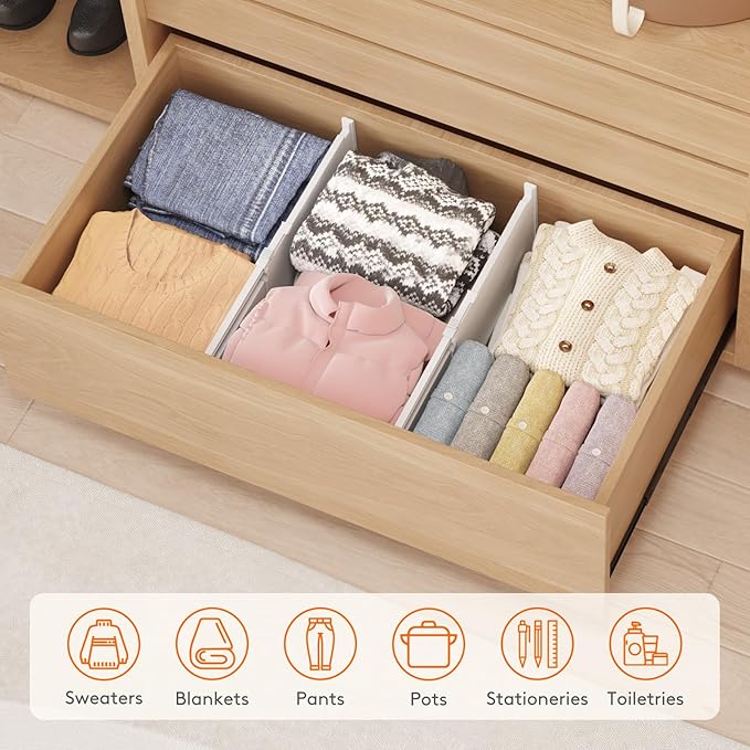 Lifewit 8" Tall 6 Pack Drawer Dividers, 35-56.5cm/13.8-22.2" Expandable Drawer Divider for Clothes, Adjustable Dresser Drawer Organizers, Drawers Separators for Dresser/Bathroom/Closet/Kitchen White