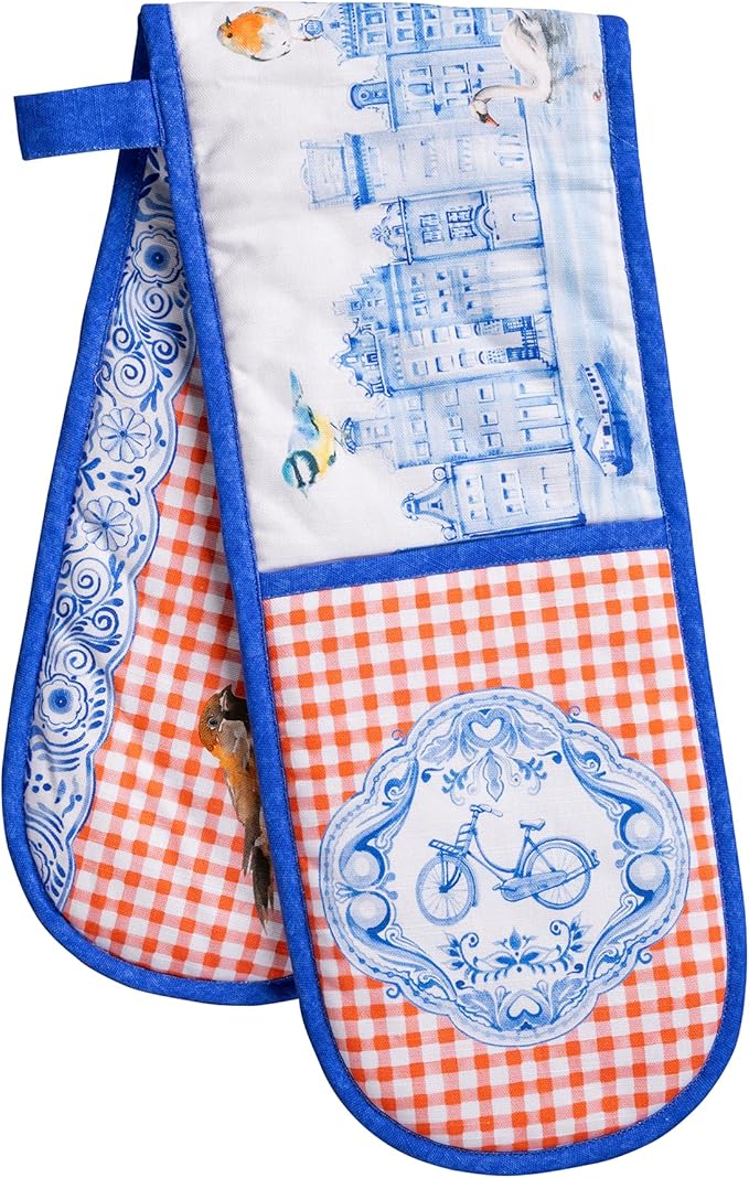 Maison d' Hermine Double Oven Mitts 100% Cotton 7"x35" Double Oven Mitt Heat Resistant BBQ Cooking Gloves with Loop Baking Grilling Gifts for Mothers Day Spring Summer (Amsterdam Canals)