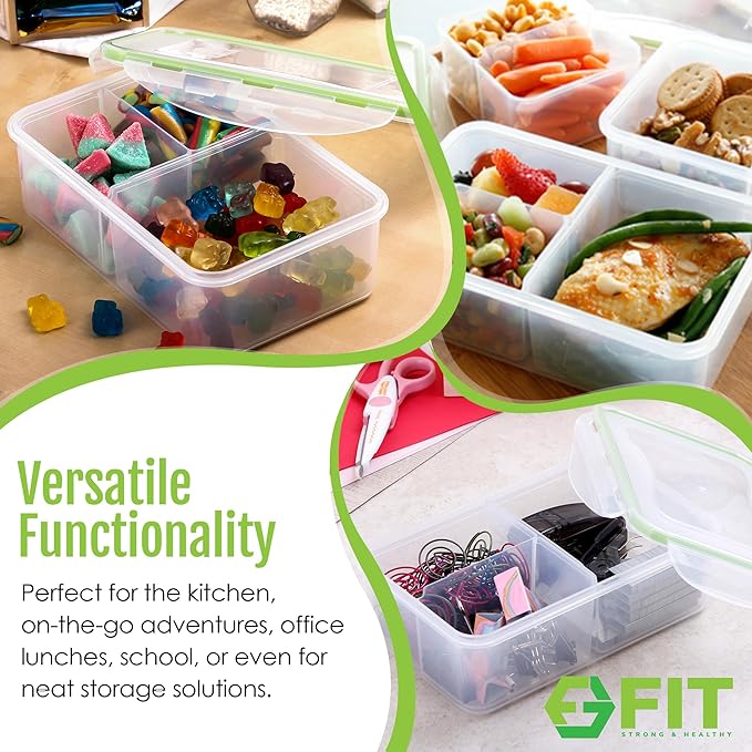 Bento Box for Kids and Adults - Reusable Lunch Box Meal Prep Containers - 3 Compartment Snack Box Container with Airtight Lid - Dishwasher, Freezer, Microwave Safe Food Snack Storage (39 oz, 7 Pack)