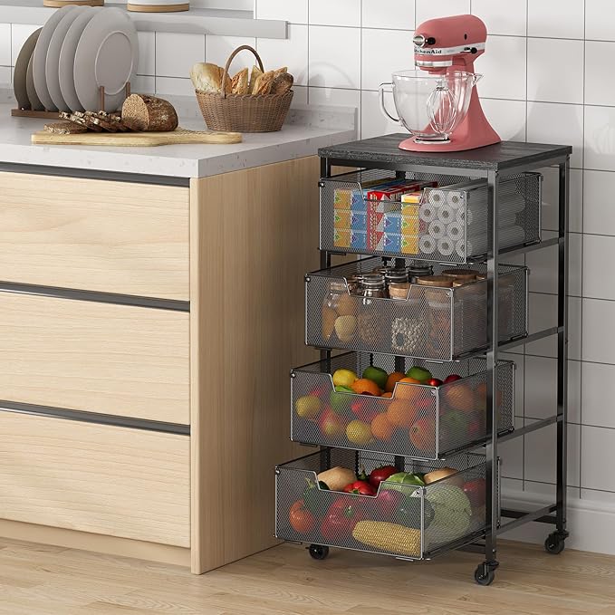 4-Tier Fruit Vegetable Storage Cart - Kitchen Organizer and Storage Cart with Wheels, Wooden Top Metal Wire Fruit Vegetable Rack Stand with Drawers to Storage Cans Snacks for Kitchen(Patent Pending)