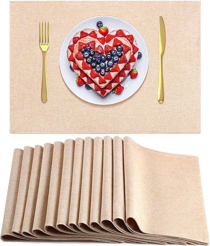 Sieral 12 Set Cloth Placemats Rectangle Dining Table Placemat Bulk 13 x 19 Inch Machine Washable Heat Resistant Cotton Linen Table Mats for Wedding Birthday Party Supplies(Beige)