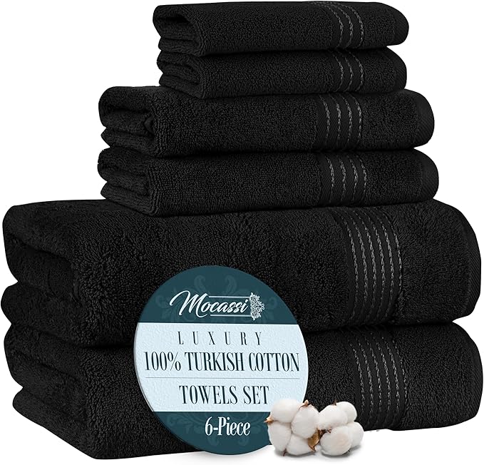 Mocassi Luxury 100% Turkish Cotton 6-Piece Towel Set - Ultra Soft, Quick Dry Highly Absorbent Premium Spa Hotel Quality Bath Towels, Includes 2 Bath Towels, 2 Hand Towels and 2 Washcloths, Black
