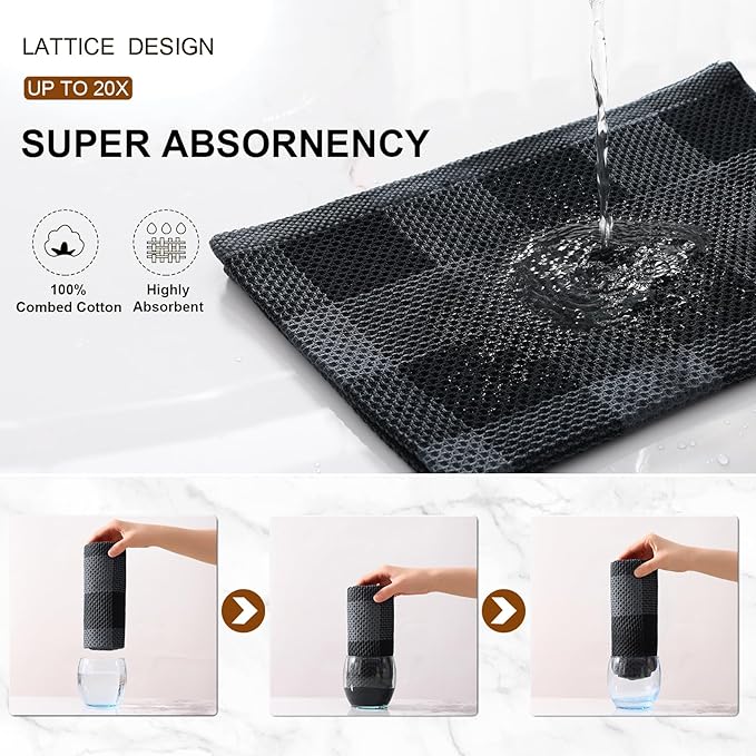 Mordimy 100% Cotton Waffle Weave Kitchen Towels, 20 x 28 Inches, Super Soft and Absorbent Buffalo Check Large Dish Towels for Drying Dishes, 4-Pack, Black & Grey