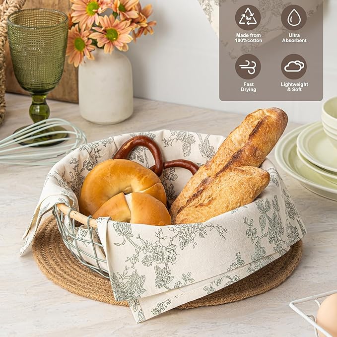 100% Cotton French Pastoral Kitchen Towels Set of 2, Decorative Flour Sack Tea Towels with Hanging Loop 18x25 Inch Absorbent Dish Cloths Farmhouse Home Decor, Green