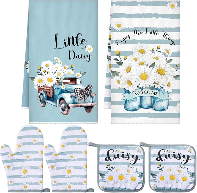 Bencailor 6 Pcs Daisy Kitchen Decor Blue Towels Daisy Pot Holders and Oven Mitts Sets for Farmhouse Kitchen Decor Summer Flower Home Decoration Housewrming Gifts