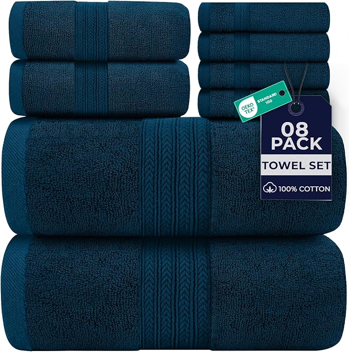 DAN RIVER 8 PC Luxury Bath Towels for Bathroom, 2 Bath, 2 Hand, and 4 Wash Cloths, 600 GSM 100% Ring Spun Cotton Towel Set, Highly Absorbent, Gym, Hotel, and Spa, Blue Opal