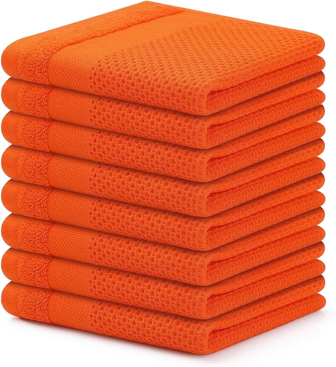 Homaxy 100% Cotton Dish Cloths, 8 Pack - 12 x 12 Inches, Waffle Weave Super Soft and Absorbent Dish Towels Quick Drying Dishcloths, Orange