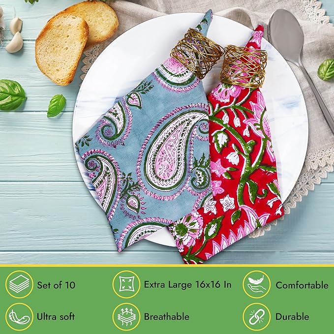 DIYANAIMPEX 10 Pc Cotton Cloth Napkins Hand Block Print Hand Made Size 16x16 Inch Printed Home Decor Indian Eco Friendly Mix Lot Dinner Napkins (Multicolour)