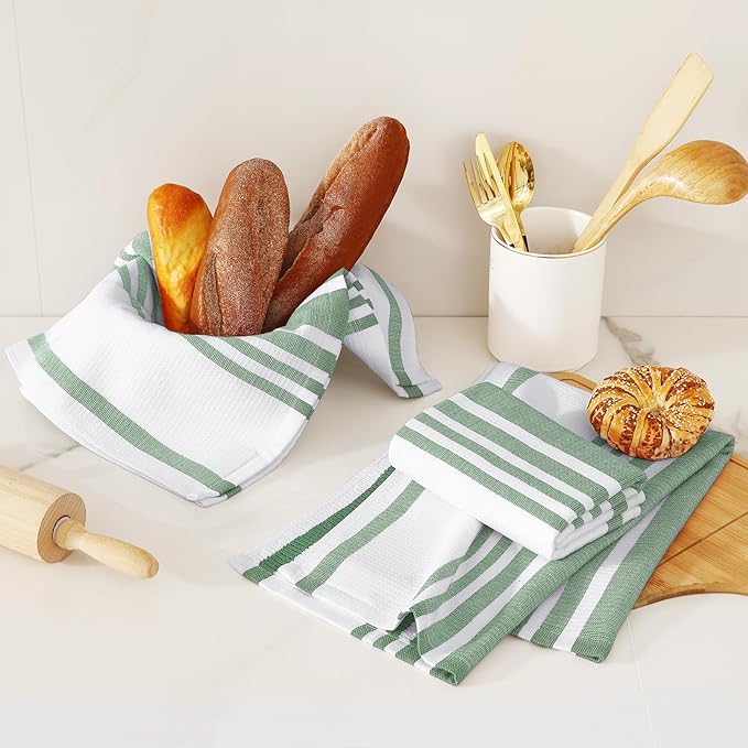 Homaxy Premium Kitchen Towels 18”x 28”, Large Cotton 380 GSM Kitchen Hand Towels, Stripe and Terry Dish Towel, Highly Absorbent Tea Towel Set with Hanging Loop, 6 Pack, Grass Green