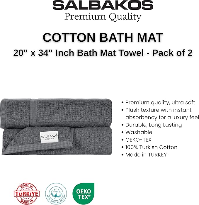 SALBAKOS 100% Turkish Cotton Bath Mat Towel Set of 2 Piece | 20x34 in Large Bath Mats | Luxury Hotel Quality, Thick, Absorbent, Quick Dry Bathmats for Bathroom & Toilet (Gray, 2 Bath Mats)