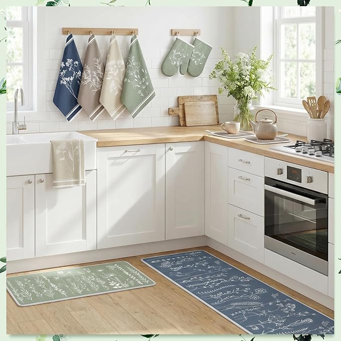 VitalCozy Set of 10 Kitchen Dish Towels Kitchen Mats Oven Mitts and Pot Holders Kit Absorbent Tea Hand Towels Rustic Decorative Towel for Baking Cooking BBQ (Morandi)