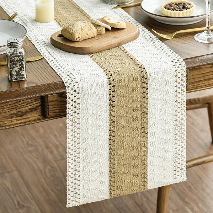 Artoid Mode Burlap Brown Farmhouse Rustic Table Runner, Seasonal Holiday Hollow Kitchen Dining Table Decoration for Home Party Decor 12x36 Inch