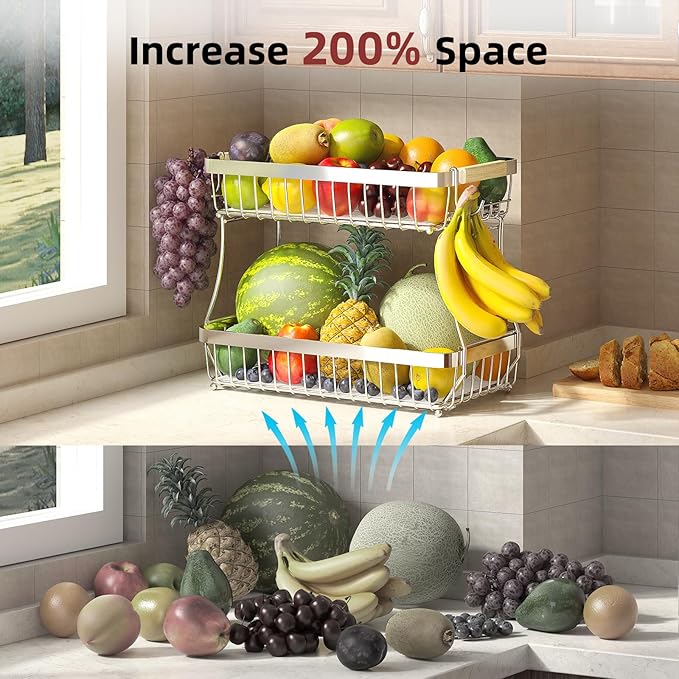 Sevenblue 2 Tier Large Fruit Basket for Kitchen Counter with 2 Mobile Banana Hangers, 2026 Pro Detachable Metal Fruit Bowl with Wooden Handle (Silver, 2 Tier Extra Large)