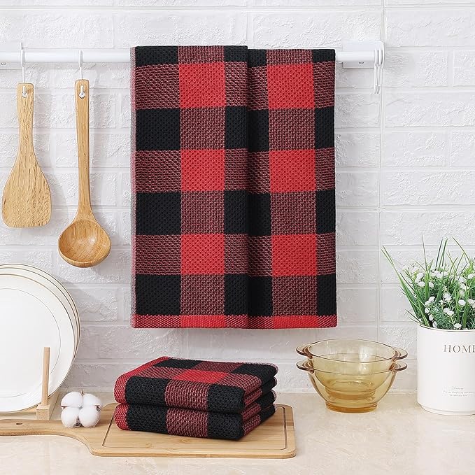 Mordimy 100% Cotton Waffle Weave Kitchen Towels, 13 x 28 Inches, Super Soft and Absorbent Buffalo Check Dish Towels for Drying Dishes, 8-Pack, Black & Red