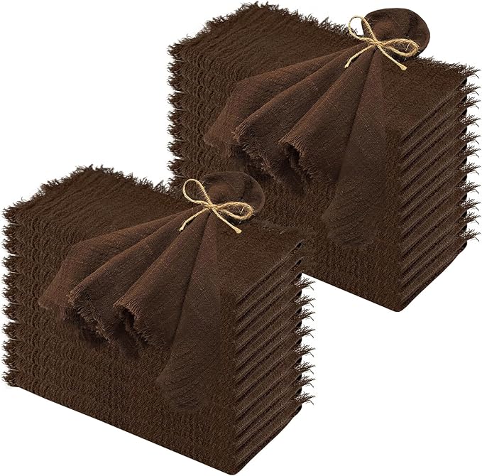 24Pack Brown Cloth Napkins 17x17Inch Brown Napkins Cloth with Fringe Soft Cotton Cloth Napkins Washable Rustic Dinner Napkins Cloth for Wedding Party Dinner Table