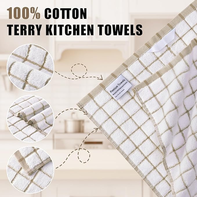 Homaxy Premium Kitchen Towels(16”x 28”, 6 Pack), Large Ring Spun Cotton Dish Towels, Super Absorbent Soft Terry Kitchen Hand Towels, Check Design Tea Towel Set with Hanging Loop, Tan