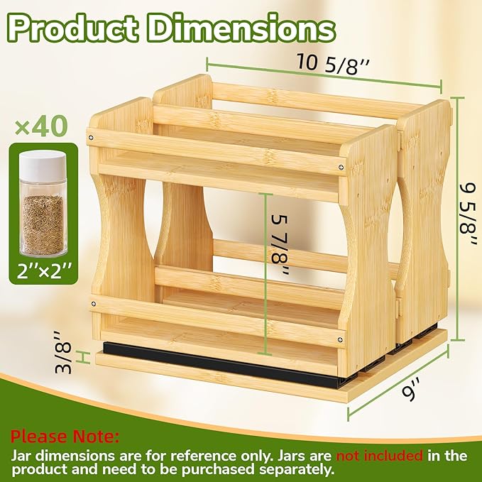 BAMEOS Pull Out Spice Rack Organizer for Cabinet, Bamboo Wide 9" Slide Out Seasoning Organizer for Kitchen, No Drill Anti-Tip Ball Bearing Silent Glides, Pantry Cabinet Organizer, Natural