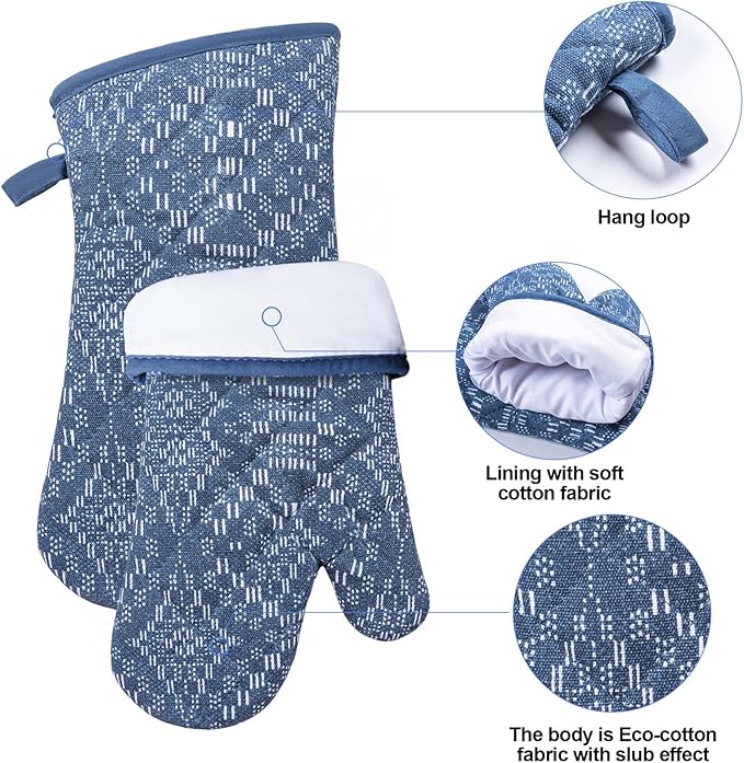 Oven Mitts and Pot Holders with Cooking Apron Set of 5, Heat Resistant Kitchen Gloves and Silicone Non-Slip Potholders (Dusty Blue)
