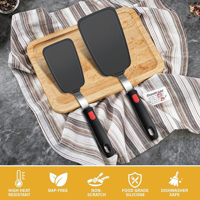 2Pack Flexible Silicone Spatula Turner, Heat Resistant Silicone Turner for Non-Stick Cookware, BPA-Free Kitchen Spatula Utensils, Ideal for Flipping Eggs, Burgers, Pancakes, Black