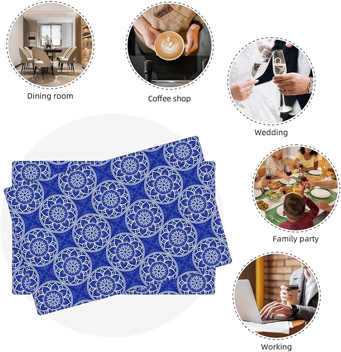 Chinoiserie Blue and White Florals Linen Placemats Set of 4, Navy Blue Chinoiserie Place Mats 4 for Dining Table Kitchen Coffee Shop Farmhouse, Gifts for Chinese Culture, Festival & Kitchen Home Decor