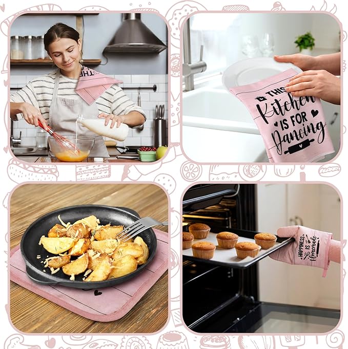 Fourluoo 8 Pcs Pink Kitchen Towels and Dishcloths Sets Oven Mitts and Pot Holders Sets Absorbent Kitchen Gloves Potholders Heat Resistant for Chef Baking Cooking