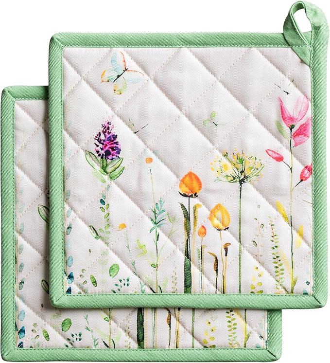 Maison d' Hermine Pot Holders 100% Cotton Heat Resistant Potholders 8" x 8" Hot Pads with Loop BBQ Cooking Baking Gifts for Mothers Day Handling Hot Pans Spring/Summer(Pack of 2, Botanical Fresh)