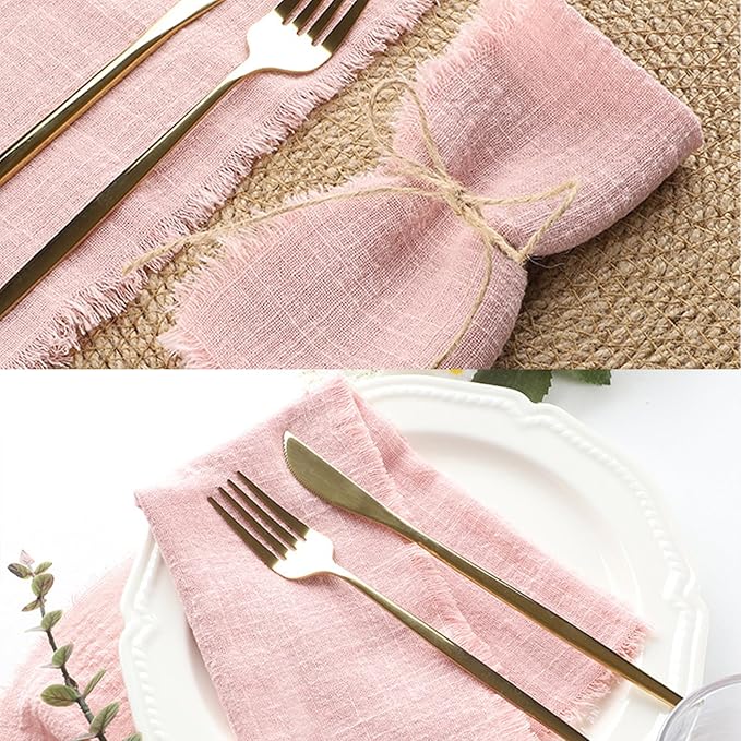 Cotton Blend Fringe Cloth Napkins - Crinkle Gauze Dinner Napkins, Reusable & Washable Table Napkins, 17" x 17" (43 x 43 cm), Multiple Colors, 12/24/48/100 Pack (12, Dusty Rose)