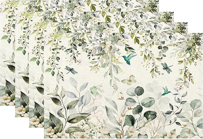 Spring Place mats Set of 4,12x18 Inches Green Floral Bird Eucalyptus Leaf Decorative Summer Decor Leaf Placemats Rectangle Spring Table Mats for Party Home Kitchen Dining Table Decoration