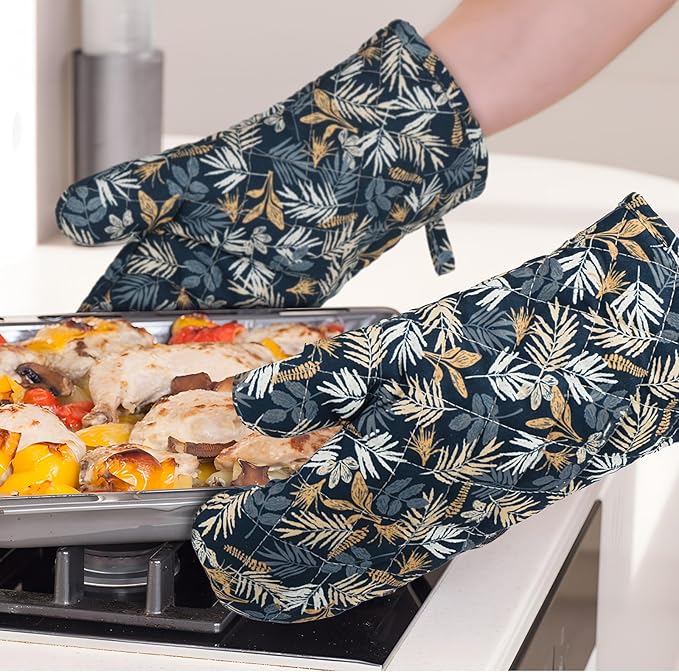 BONTHEE Oven Gloves Extra Long Cotton Cooking Gloves with Non-Slip Striped Baking Gloves for Cooking Baking Grilling - 2PCS