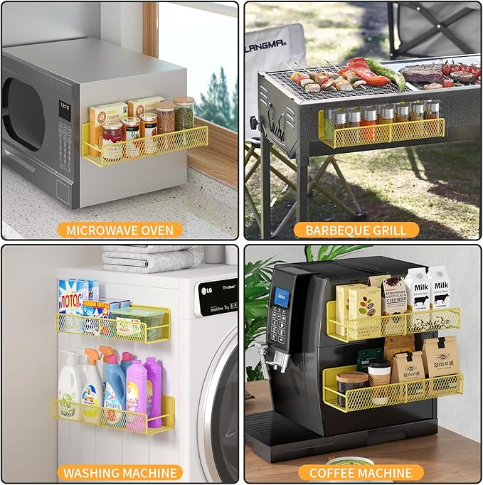 DTUQYX Magnetic Spice Rack for Refrigerator, 4 Pack 100% Metal Strong Magnet Fridge Shelves, Space Saving Spice Organizer, No Drilling Moveable Home Kitchen Laundry Room Storage Organization, Yellow