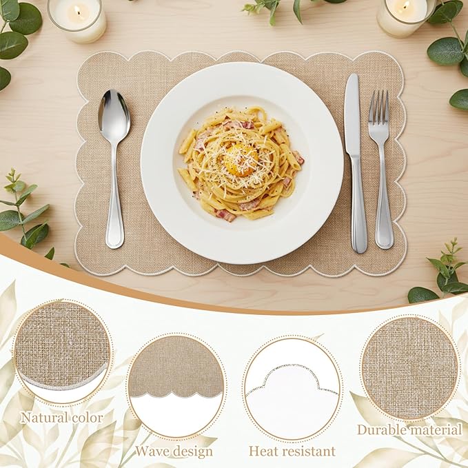 LemonRoad 8 Pcs Boho Linen Placemats Set 13" x 19" Elegant Scalloped Double Layered Placemats Farmhouse Washable Rustic Dining Table Decorations for Kitchen Wedding Banquet (Brown,Beige)