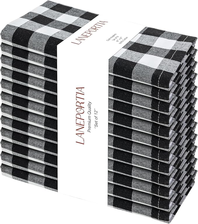 Cloth Napkins Set of 12, 100% Cotton Dinner Napkins 18x18 Inch, Soft Absorbent Gingham Check Napkin for Restaurant, Table Décor, Reusable Washable for Everyday Use - Black/White