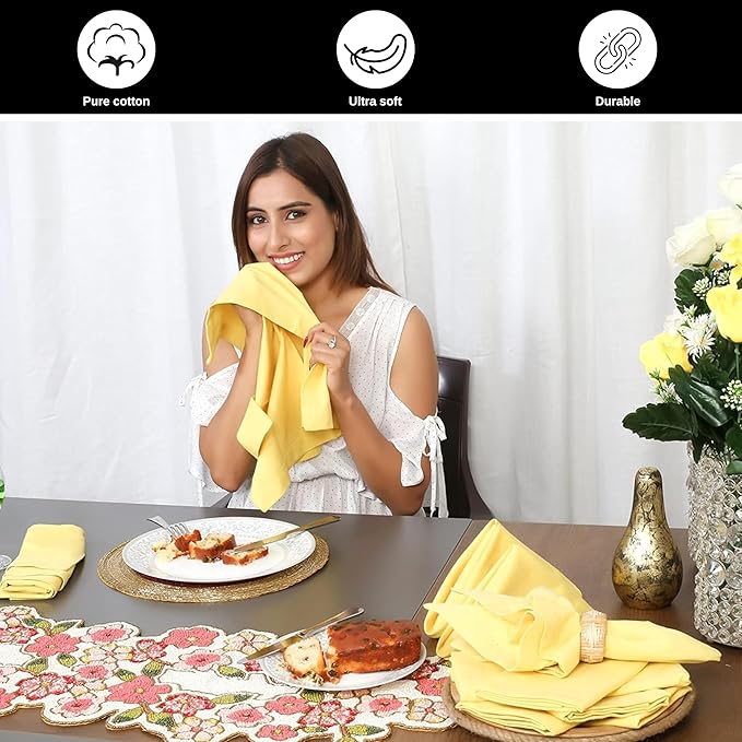 Bedding Craft Cotton Dinner Cloth Napkins Set of 12 – 18x18 Sand Yellow – Reusable & Machine Washable Fabric Napkins for Weddings, Restaurants & Everyday Dining