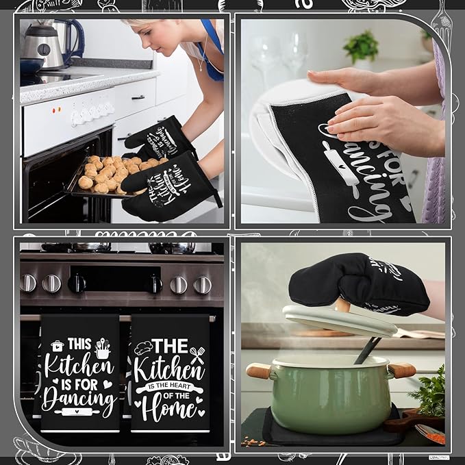 12 Pcs Farmhouse Kitchen Decor and Accessories Sets 4 Black Kitchen Towels 4 Absorbent Dishcloths 2 Pot Holders 2 Oven Mitts Gloves for Home Decorations Mom Gifts
