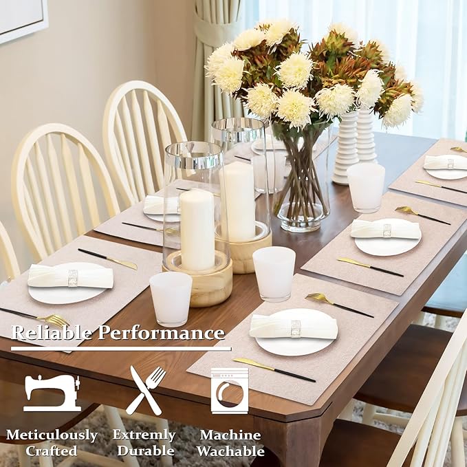 Cloth Placemats Set of 4, Cotton Linen Blend Machine Washable Double Layered Durable Place Mats Heat Resistant Placemats Wrinkle Free Thick Fabric Dining Table Mats (Light Linen, 4)