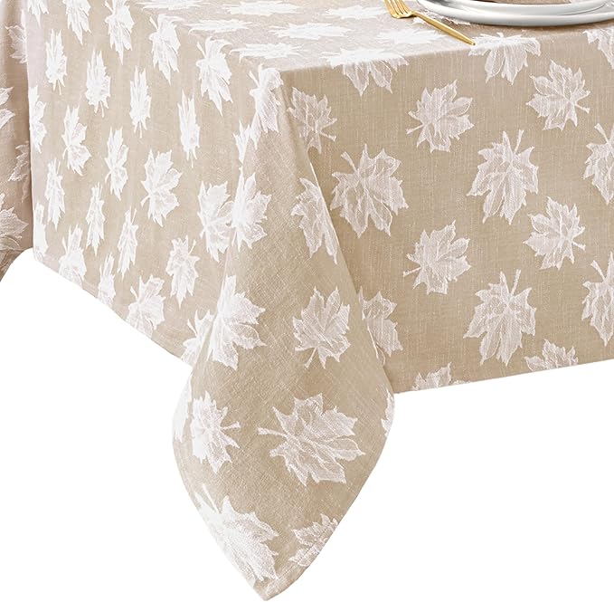 Elrene Home Fashions Falling Leaves Jacquard Harvest/Thanksgiving Cotton Tablecloth, 60"x84" Rectangle, Taupe