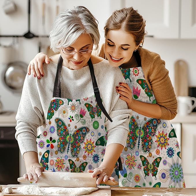 Britimes Butterfly Apron Floral Colorful Butterflies Flowers Aprons Kitchen Cooking Gardening for Women With Pockets