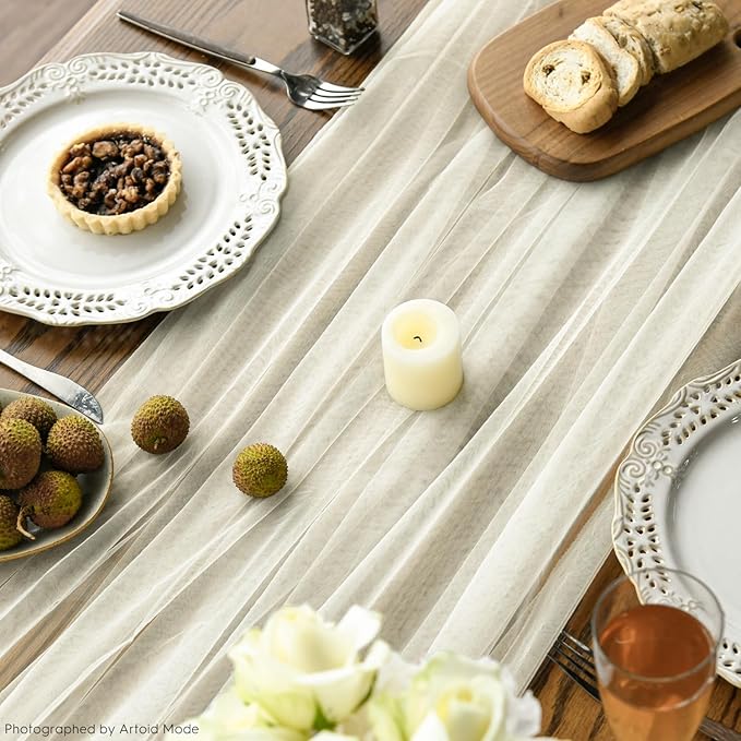Artoid Mode 3PCS Beige Gauze Table Runner 120 Inch 10FT, Seasonal Sheer Kitchen Dining Holiday Wedding Birthday Baby Shower Table Decor for Home Party